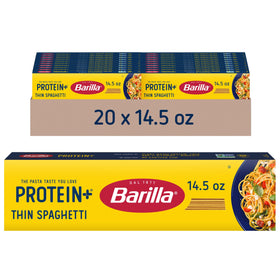 Barilla Protein+ Thin Spaghetti box showing packaging and serving size for protein-rich meals