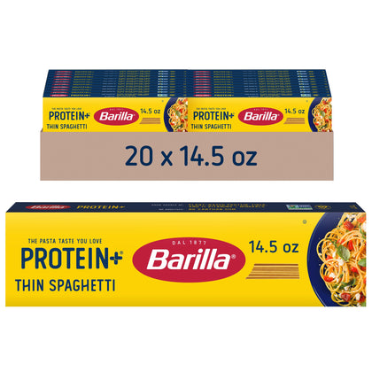 Barilla Protein+ Thin Spaghetti box showing packaging and serving size for protein-rich meals