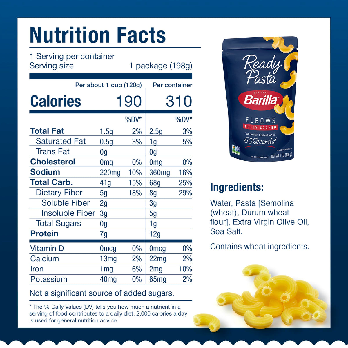 Barilla Ready Pasta Elbows non-GMO label and certification on packaging.