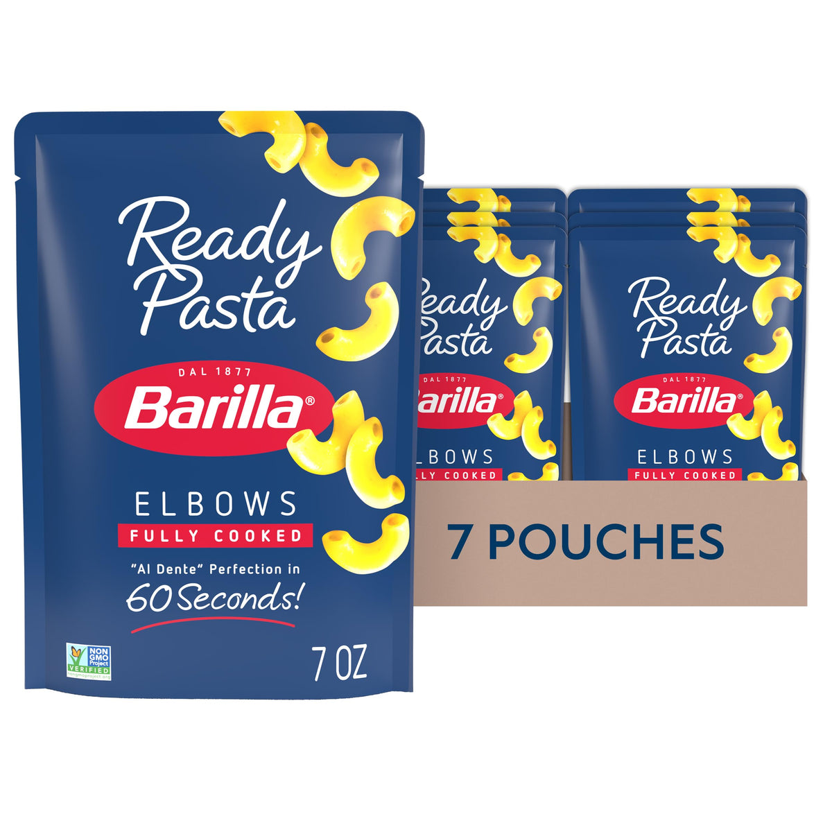 Barilla Ready Pasta Elbows pouch close-up, simple ingredients and non-GMO certification.