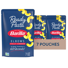 Barilla Ready Pasta Elbows pouch close-up, simple ingredients and non-GMO certification.