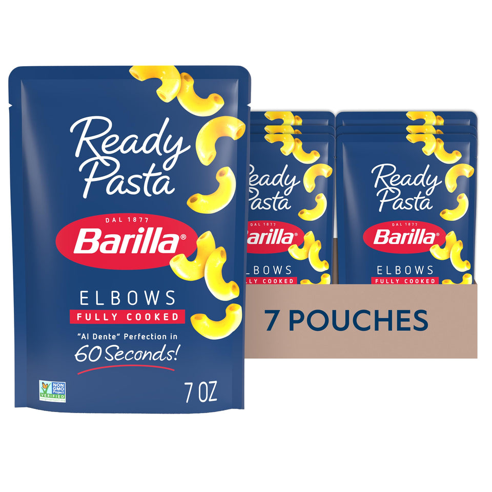 Barilla Ready Pasta Elbows pouch close-up, simple ingredients and non-GMO certification.