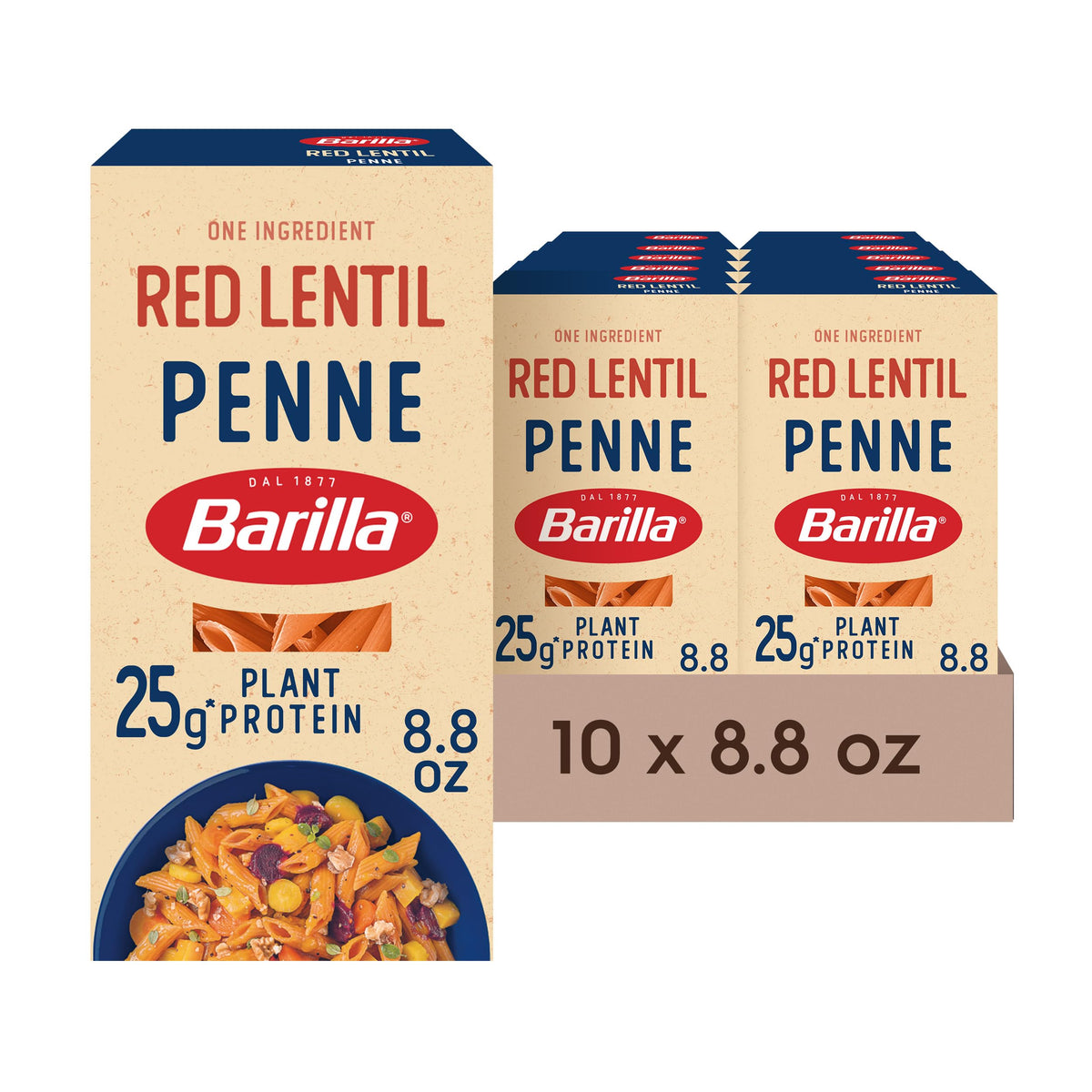 Barilla Red Lentil Penne pasta box highlighting gluten-free, plant-based protein