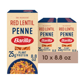 Barilla Red Lentil Penne pasta box highlighting gluten-free, plant-based protein