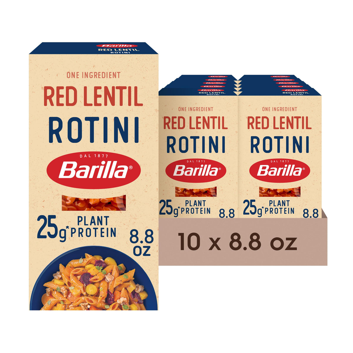 Barilla Red Lentil Rotini pasta 10-pack box, gluten free and protein-rich.
