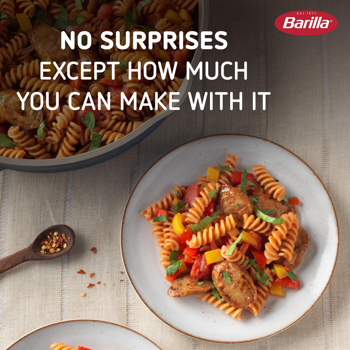 Barilla Red Lentil Rotini cooked with tomato sauce, showcasing nutty lentil flavor.