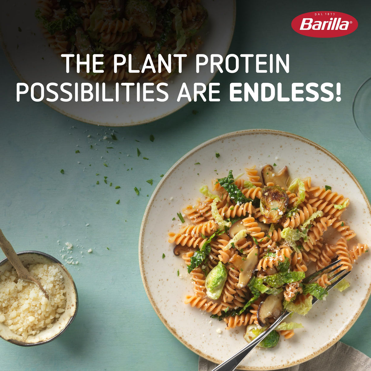 Barilla Red Lentil Rotini packaging display, non-GMO and Kosher certified.