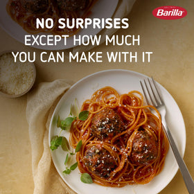 Barilla Red Lentil Spaghetti plated, illustrating al dente texture with sauce