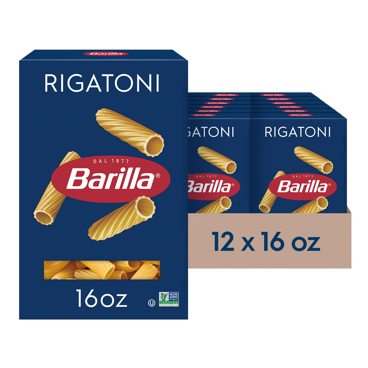 Barilla Rigatoni 16oz box front, ideal for hearty sauces clinging to ridges.