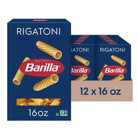 Barilla Rigatoni 16oz box front, ideal for hearty sauces clinging to ridges.