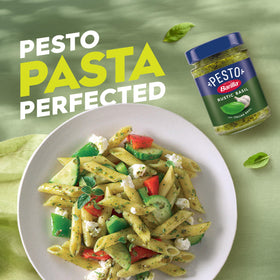 Barilla Rustic Basil Pesto bottle open, ideal for sandwiches and dips