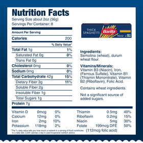 Barilla spaghetti cooks to al dente in about 11–12 minutes for versatile dinners.