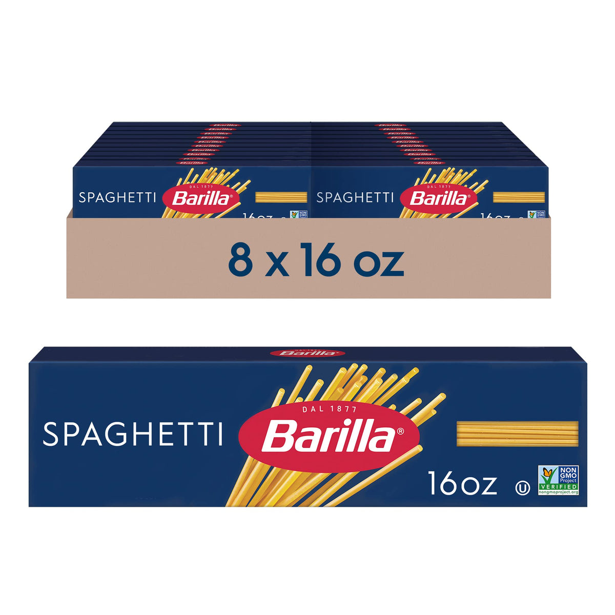 Barilla Spaghetti Pasta 16 oz bulk box ready for al dente family dinners.