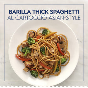 Barilla Thick Spaghetti golden strands ready to pair with robust sauces.