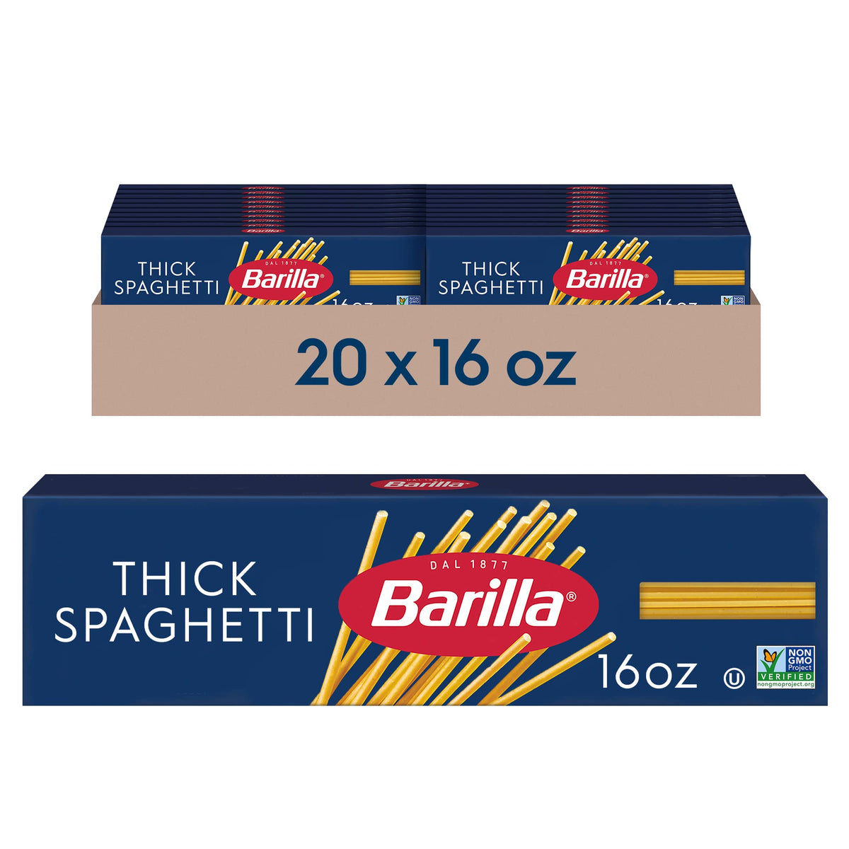 Barilla Thick Spaghetti 16 oz box, twenty-pack, ideal for hearty al dente dinners.