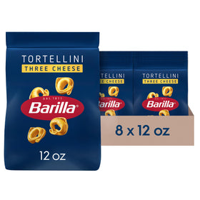 Barilla Three Cheese Tortellini packaging on shelf highlights non-GMO ingredients.