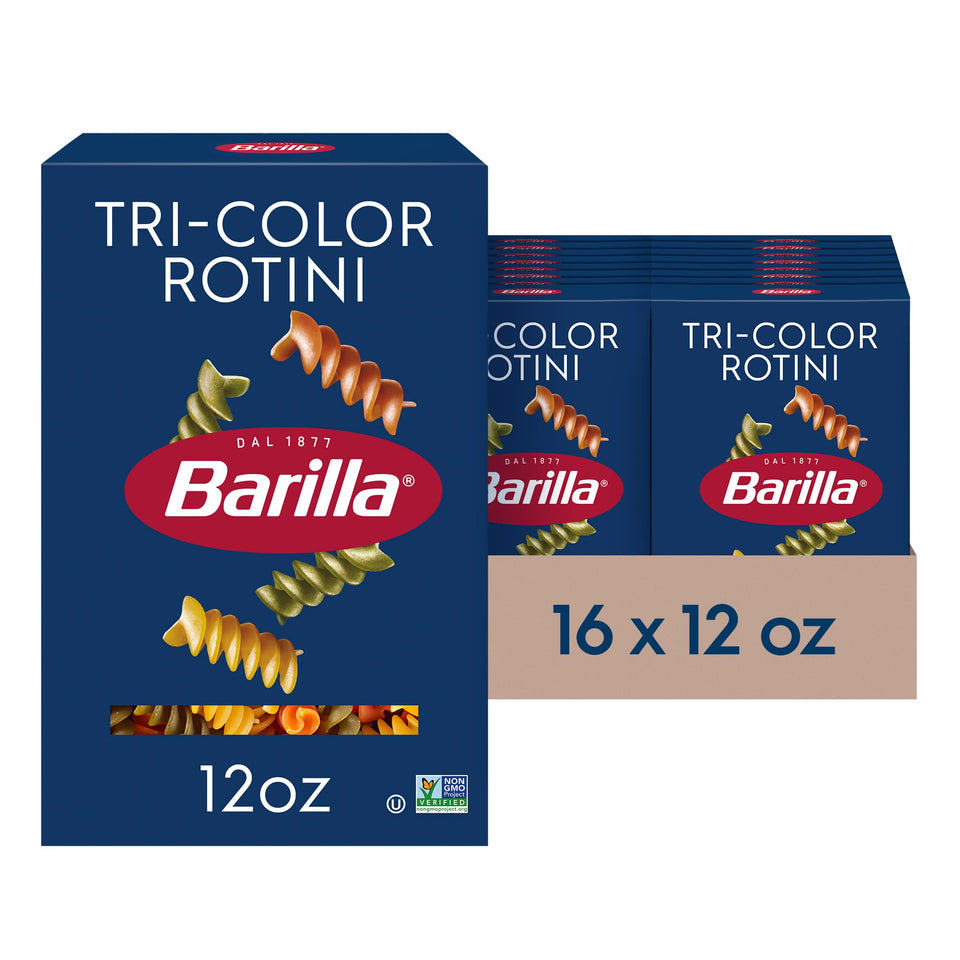Barilla Tri-Color Rotini box with 16-pack, perfect for quick weeknight meals.