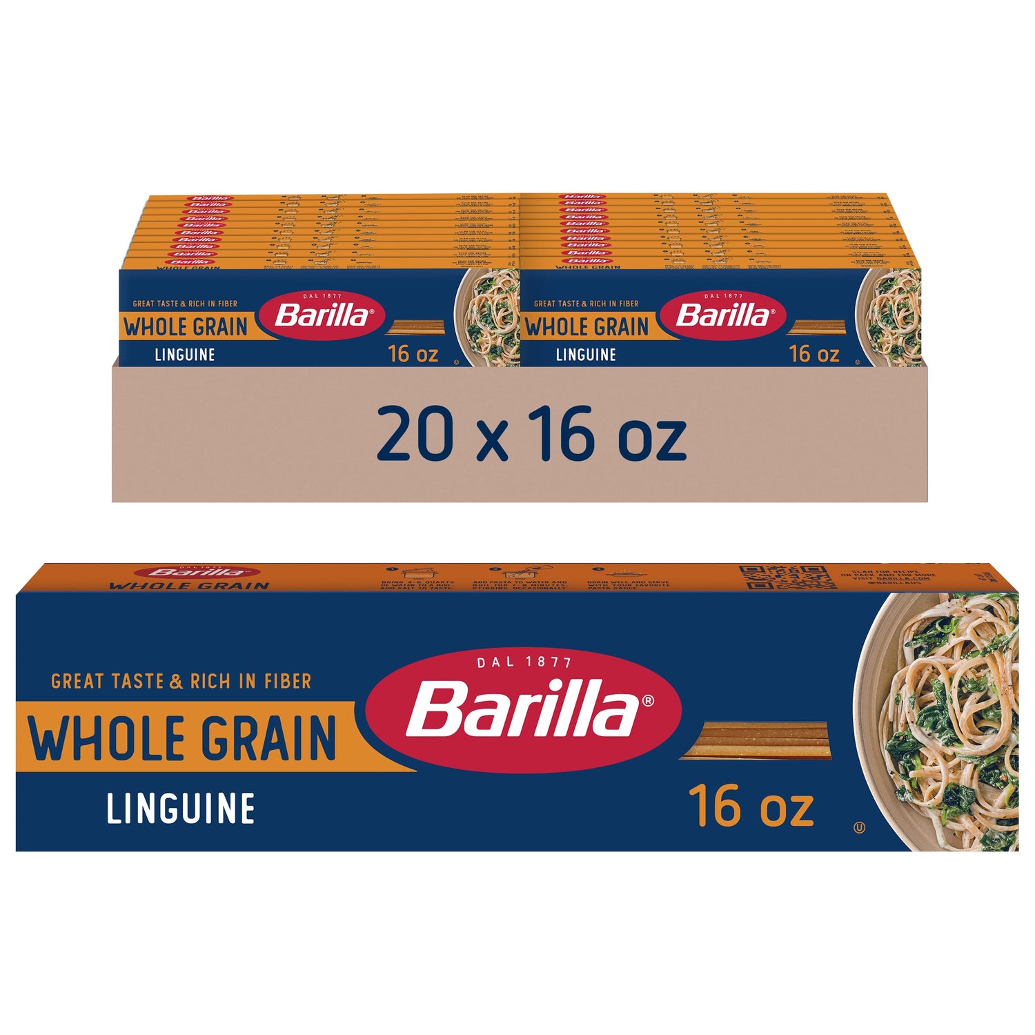 Barilla Whole Grain Linguine box 20-pack ready for fiber-rich family meals.