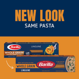Barilla Whole Grain Linguine ingredients label shows 100% whole grain durum wheat.