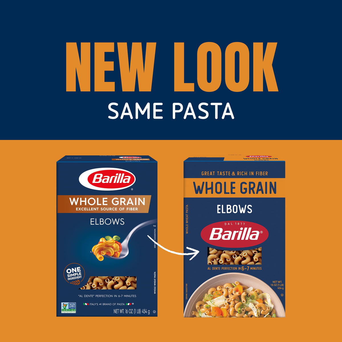 Barilla Whole Grain Pasta Elbows packaging, 12-box, convenient pantry staple.
