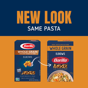 Barilla Whole Grain Pasta Elbows packaging, 12-box, convenient pantry staple.