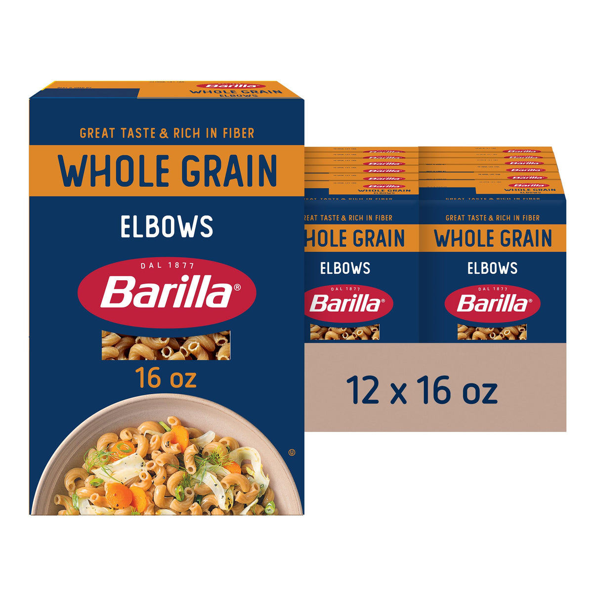 Barilla Whole Grain Pasta Elbows, uncooked, fiber-rich base for meals.