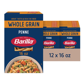 Barilla whole grain penne pasta box shows fiber-rich option for family meals
