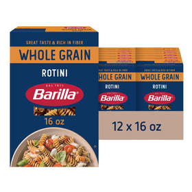 Barilla Whole Grain Rotini box, 12-pack, a fiber-rich pantry staple.