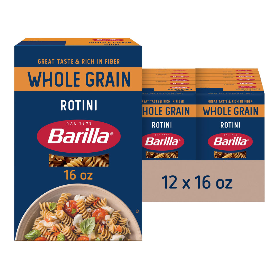 Barilla Whole Grain Rotini box, 12-pack, a fiber-rich pantry staple.