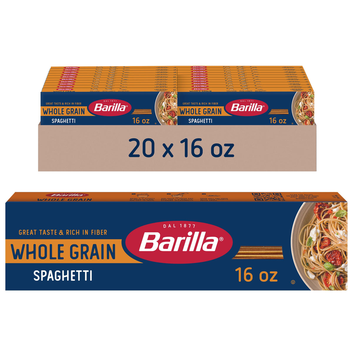 Barilla Whole Grain Spaghetti box showing 16 oz pack for weeknight meals