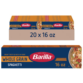 Barilla Whole Grain Spaghetti box showing 16 oz pack for weeknight meals