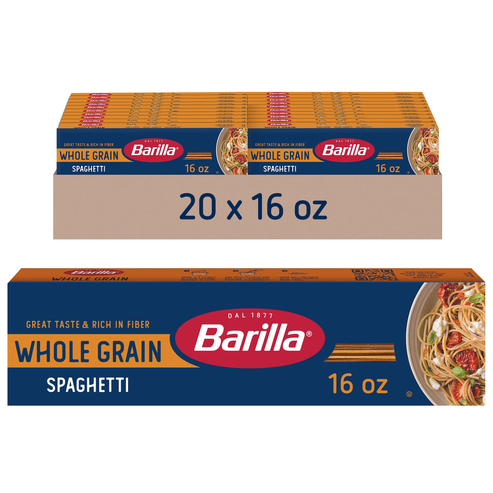 Barilla Whole Grain Spaghetti box showing 16 oz pack for weeknight meals
