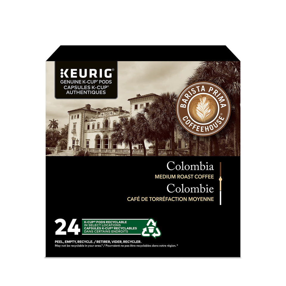 Barista Prima Coffeehouse Colombia K-Cups front pack shot highlighting premium Arabica.