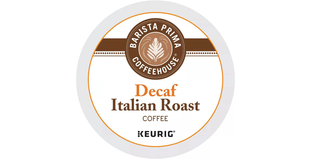 Barista Prima Coffeehouse dark roast decaf box for Keurig brewers, ideal for busy mornings