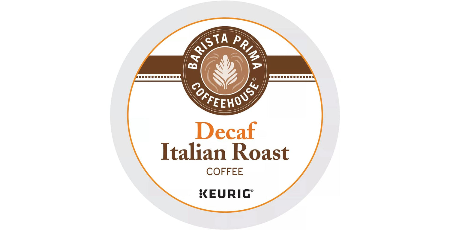 Barista Prima Coffeehouse dark roast decaf box for Keurig brewers, ideal for busy mornings