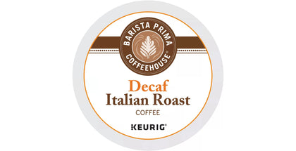 Barista Prima Coffeehouse dark roast decaf box for Keurig brewers, ideal for busy mornings