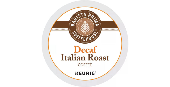 Barista Prima Coffeehouse dark roast decaf box for Keurig brewers, ideal for busy mornings