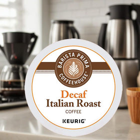 Barista Prima Coffeehouse dark roast decaf K-Cups close-up with rich aroma