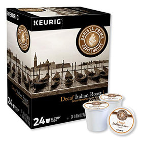Barista Prima Coffeehouse Italian decaf K-Cups stacked for flavorful mornings