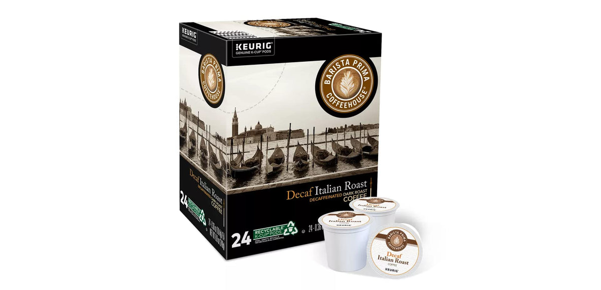Barista Prima Decaf Dark Roast cup showcases bold, smooth flavor.