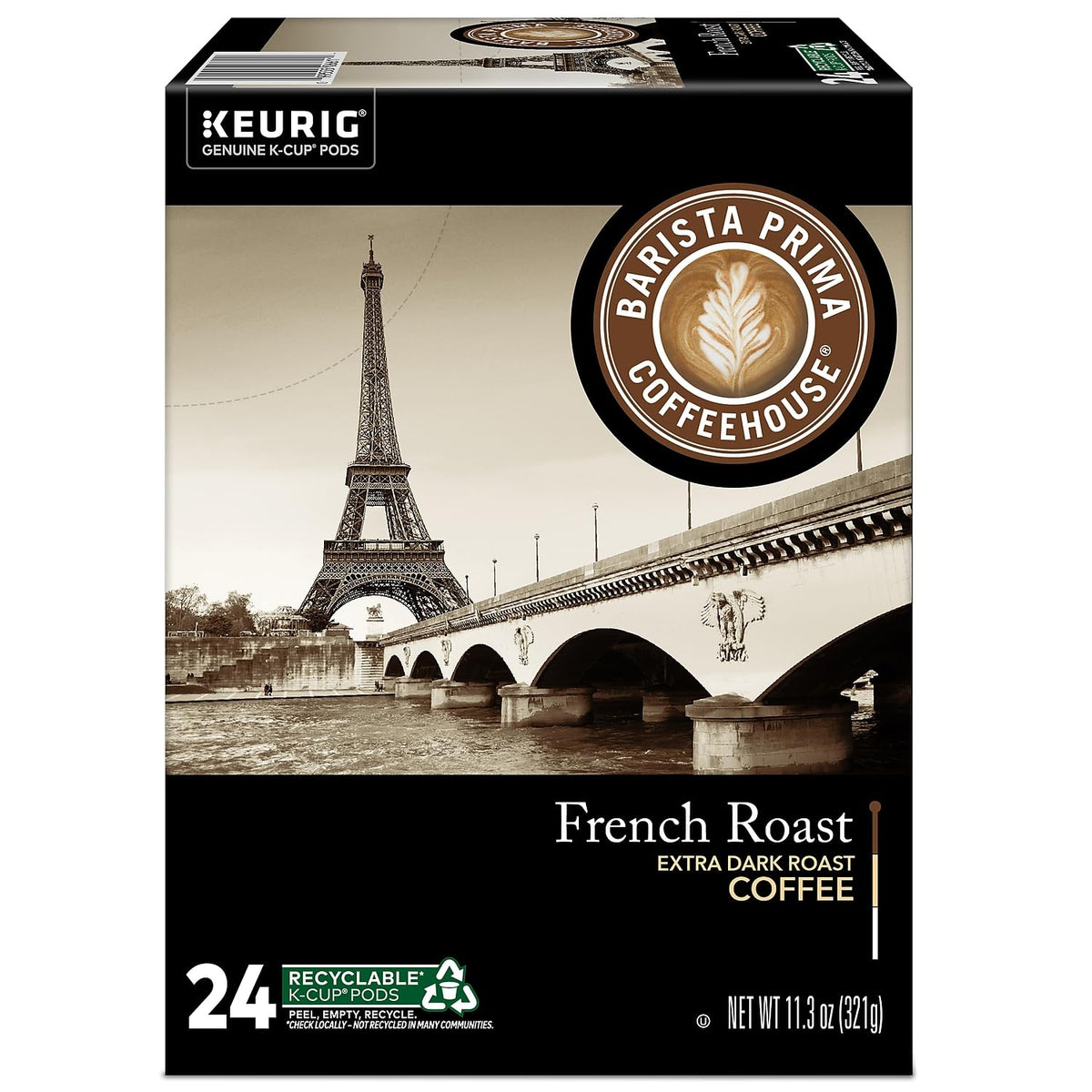 Barista Prima French Roast brewed cup with steam suggests ready-to-enjoy flavor.
