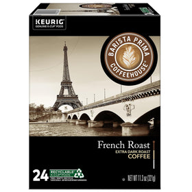 Barista Prima French Roast brewed cup with steam suggests ready-to-enjoy flavor.