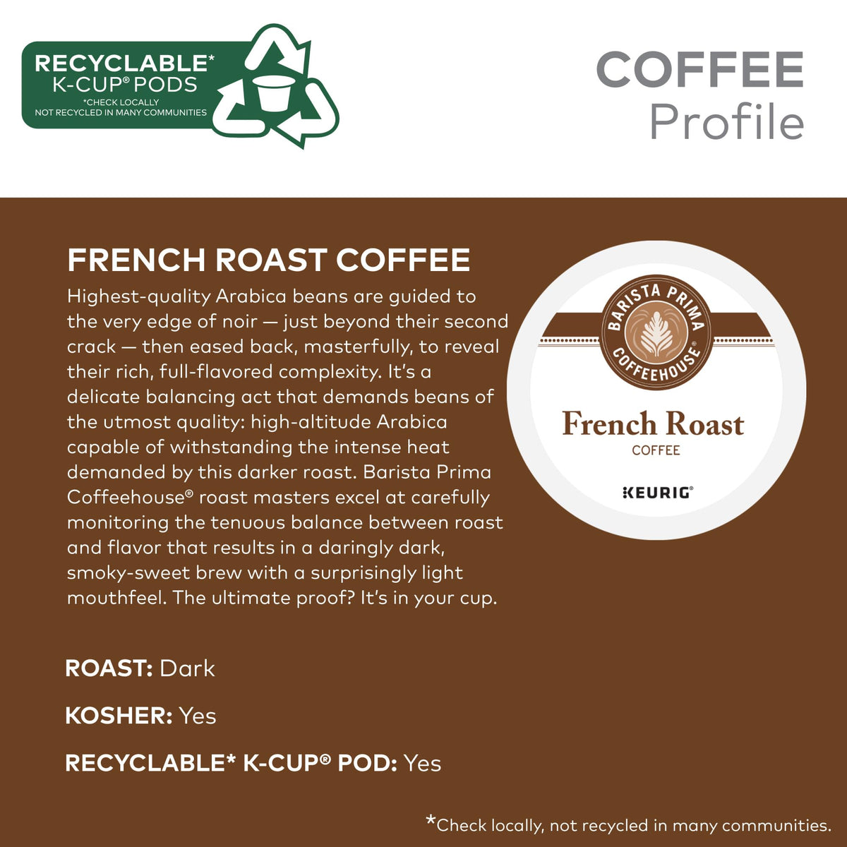 Barista Prima French Roast dark roast close-up showing glossy beans and intense aroma.