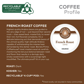 Barista Prima French Roast dark roast close-up showing glossy beans and intense aroma.