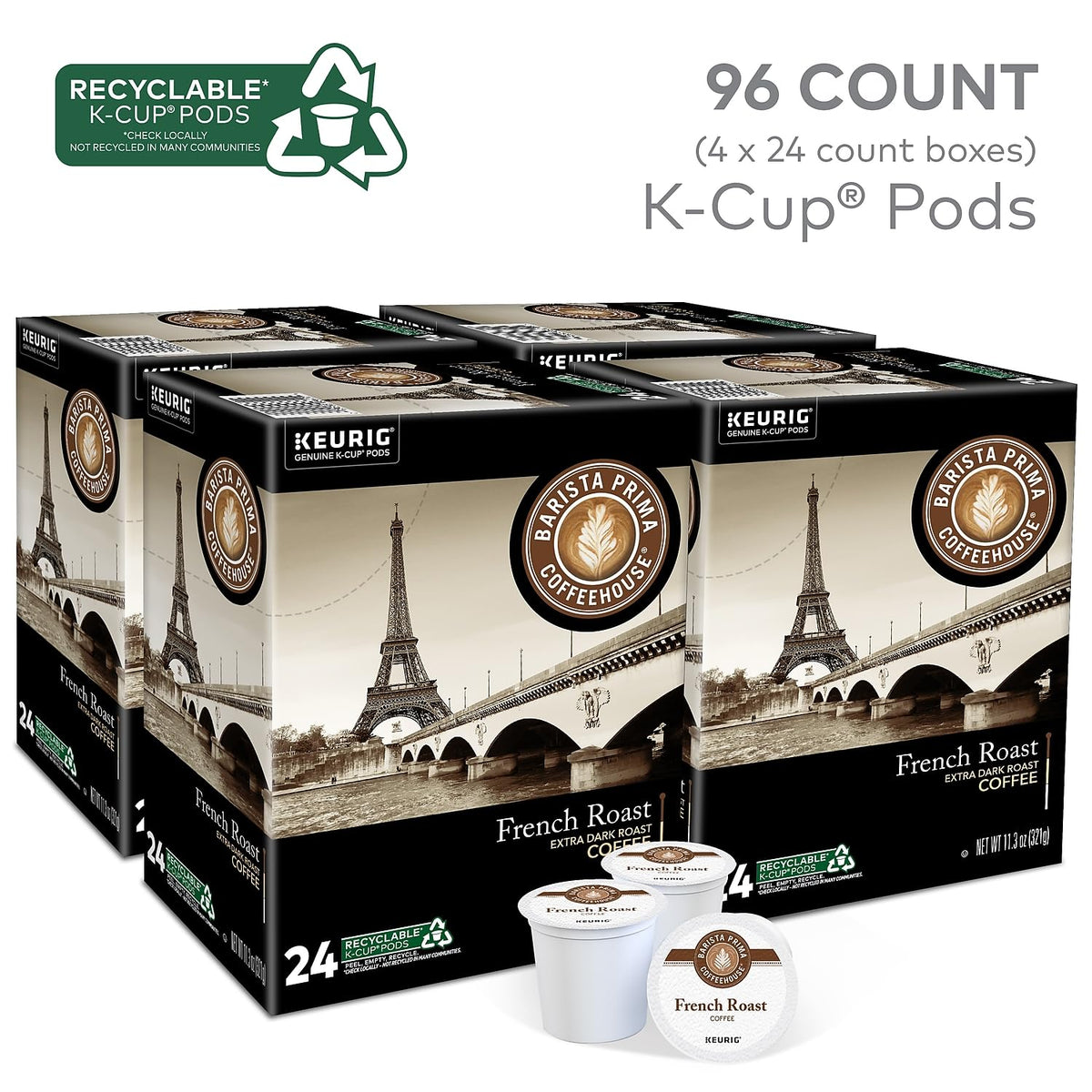 Barista Prima French Roast K-Cup pods displayed for quick, consistent morning coffee.