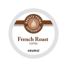 Barista Prima French Roast K-Cups image reveals dark, smoky-sweet profile and lighter mouthfeel.