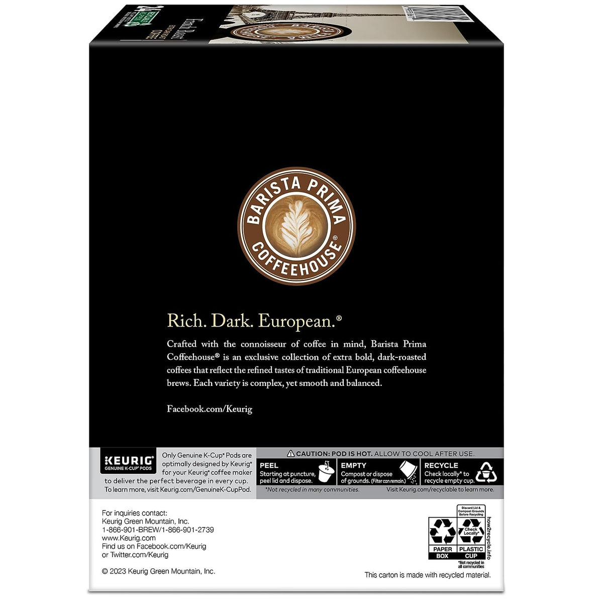 Barista Prima French Roast packaging label emphasizes premium European cafe-inspired quality.