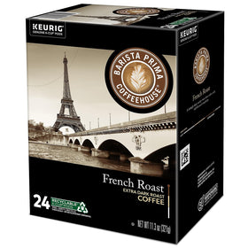 Barista Prima French Roast steaming cup conveys morning routine and comfort.
