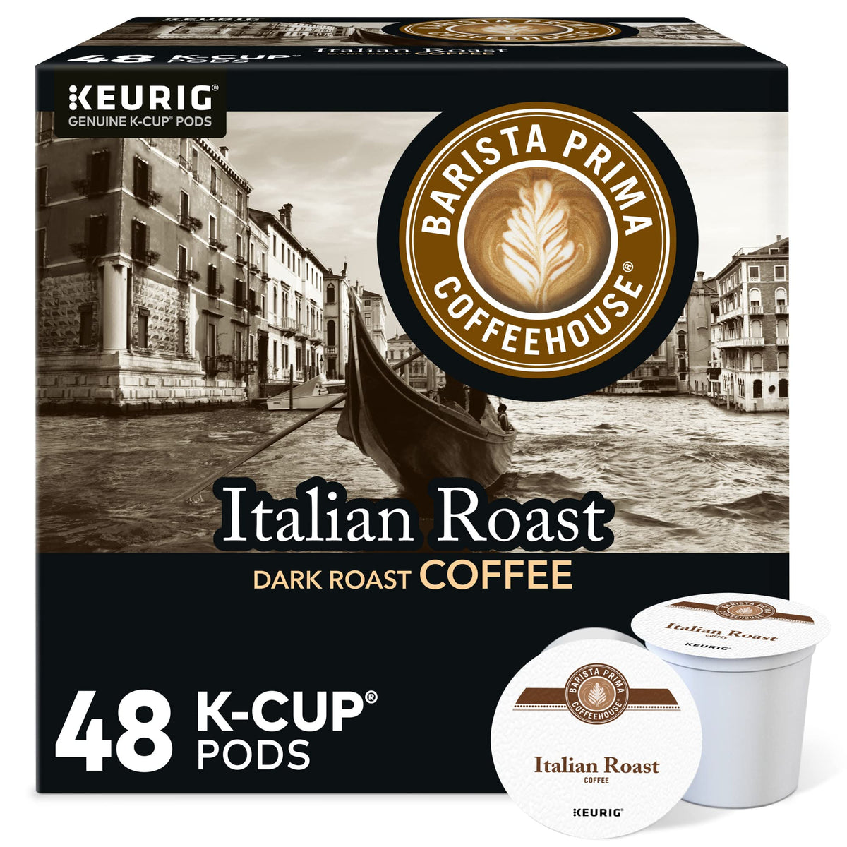 Barista Prima Italian Roast pods in box promising bold aroma for ready-to-brew mornings