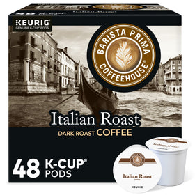 Barista Prima Italian Roast pods in box promising bold aroma for ready-to-brew mornings